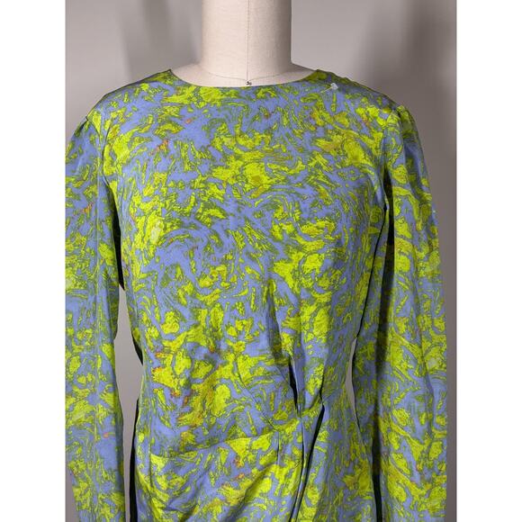 Hunter Dixon Silk Shift Dress 6 Long Sleeve Gray Colorful Gathered Draped - Picture 3 of 16